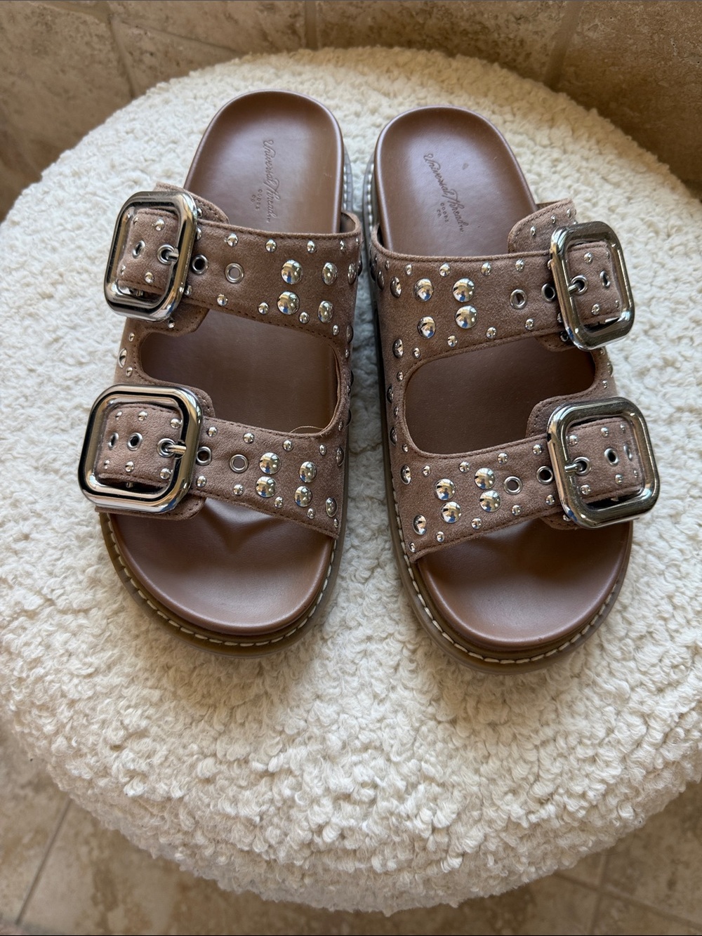 Universal Thread Embellished Slide Sandals in Taupe size 7